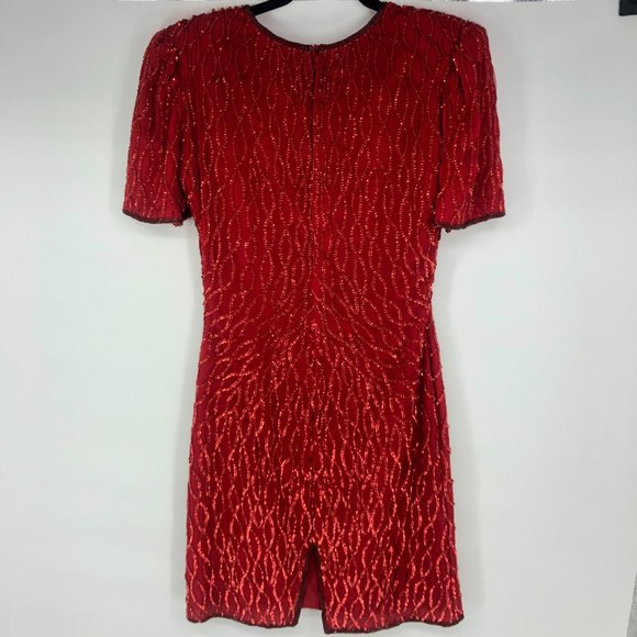 Laurence Kazar red sequin embellished dress Vintage Silk Pattern Petite Small PS - Picture 2 of 9